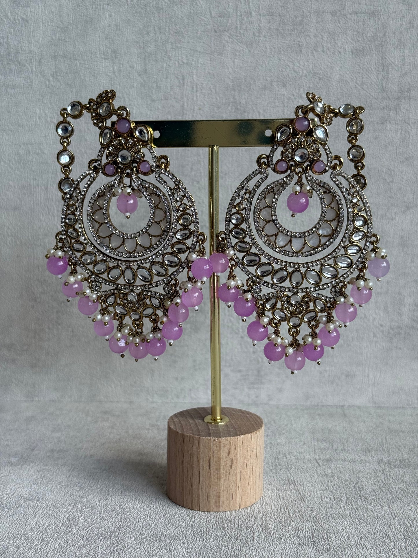 Ayura Designs Rabia Chandbalis – Antique Gold Kundan Earrings with Lilac Beads, Pearls & Attached Sahare