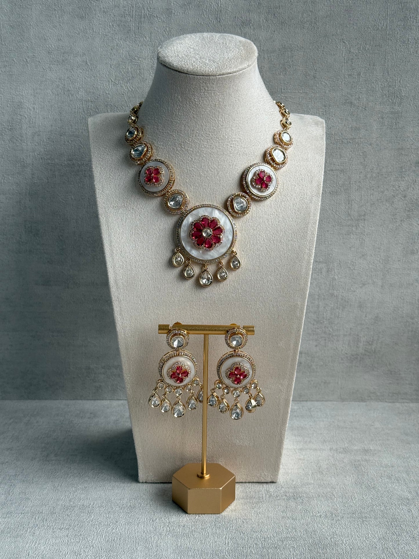 Ayura Designs Wisah Set – Necklace & Earrings with Mother of Pearl, Ruby Pink Stones & Mirror-Cut Detailing