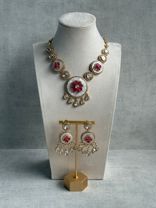 Ayura Designs Wisah Set – Necklace & Earrings with Mother of Pearl, Ruby Pink Stones & Mirror-Cut Detailing