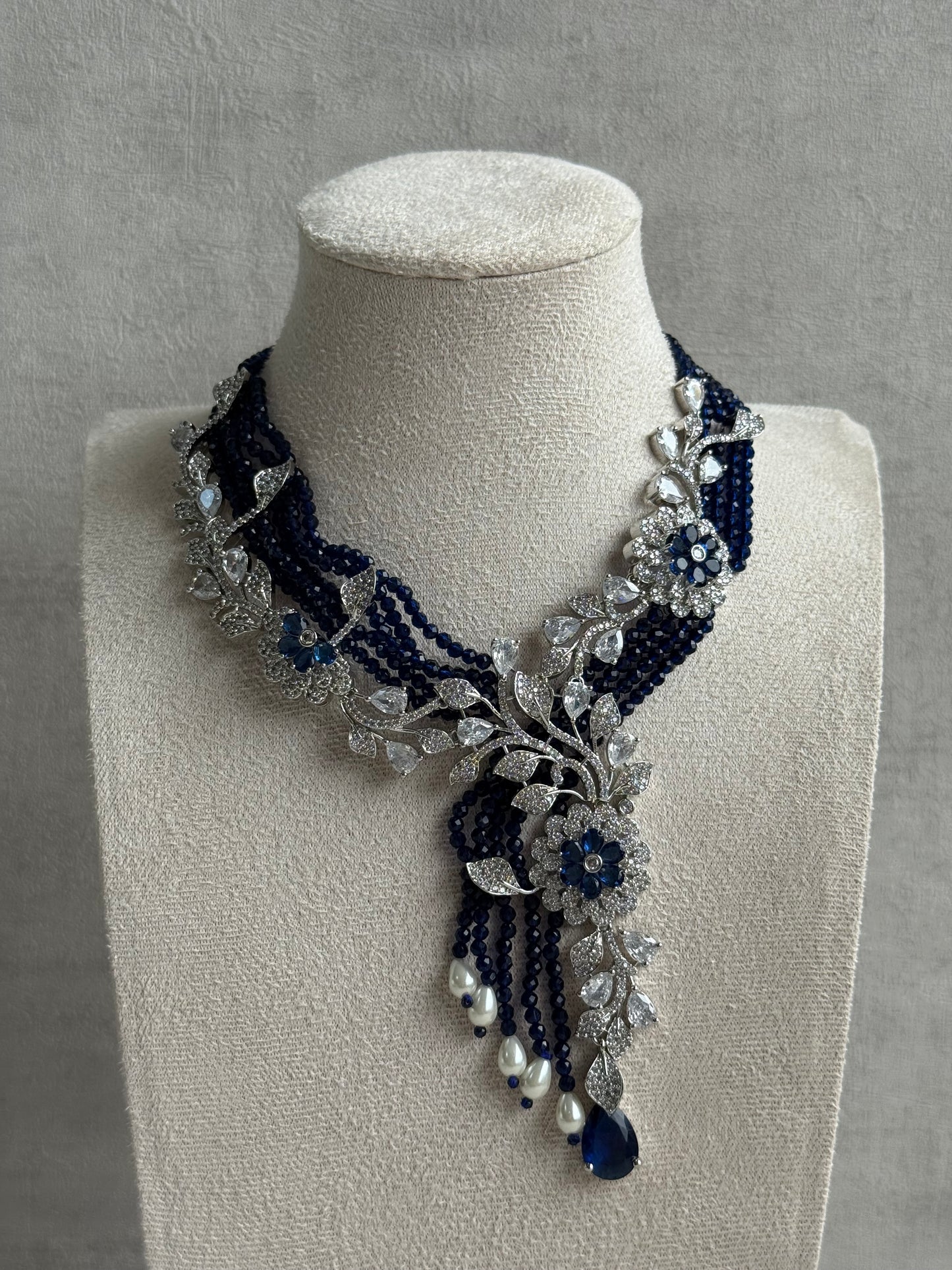 Ayura Designs Chloe Set – Silver Necklace & Earrings with Sapphire Stones, Pearls & Moissanite Detailing