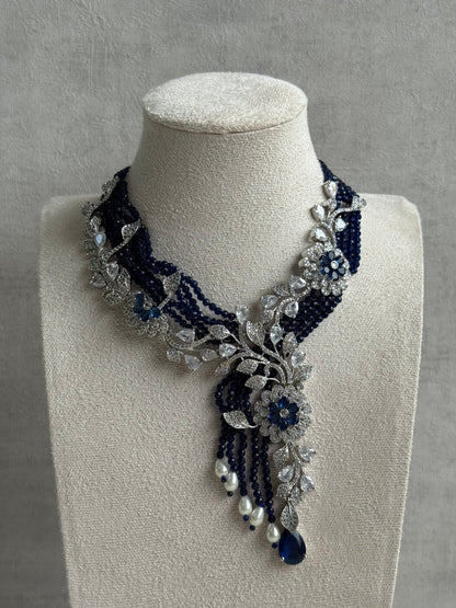 Ayura Designs Chloe Set – Silver Necklace & Earrings with Sapphire Stones, Pearls & Moissanite Detailing