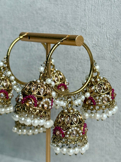 Ayura Designs Nakhra Balis – Fuchsia Triple Dome Earrings with Pearl Clusters & Mirror-Cut Detailing