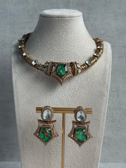 Ayura Designs Krupa Set – Necklace & Earrings with Green Stone featuring Natural Marbling, Mirror-Cut Kundan & Antique Gold Detailing