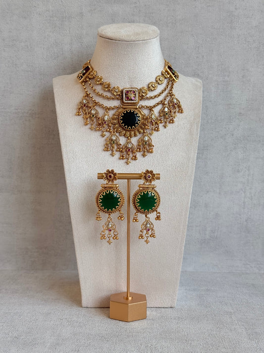 Ayura Designs Bolavi Necklace Set with Earrings – Green Stones, Kundan & Ghungroo Detailing