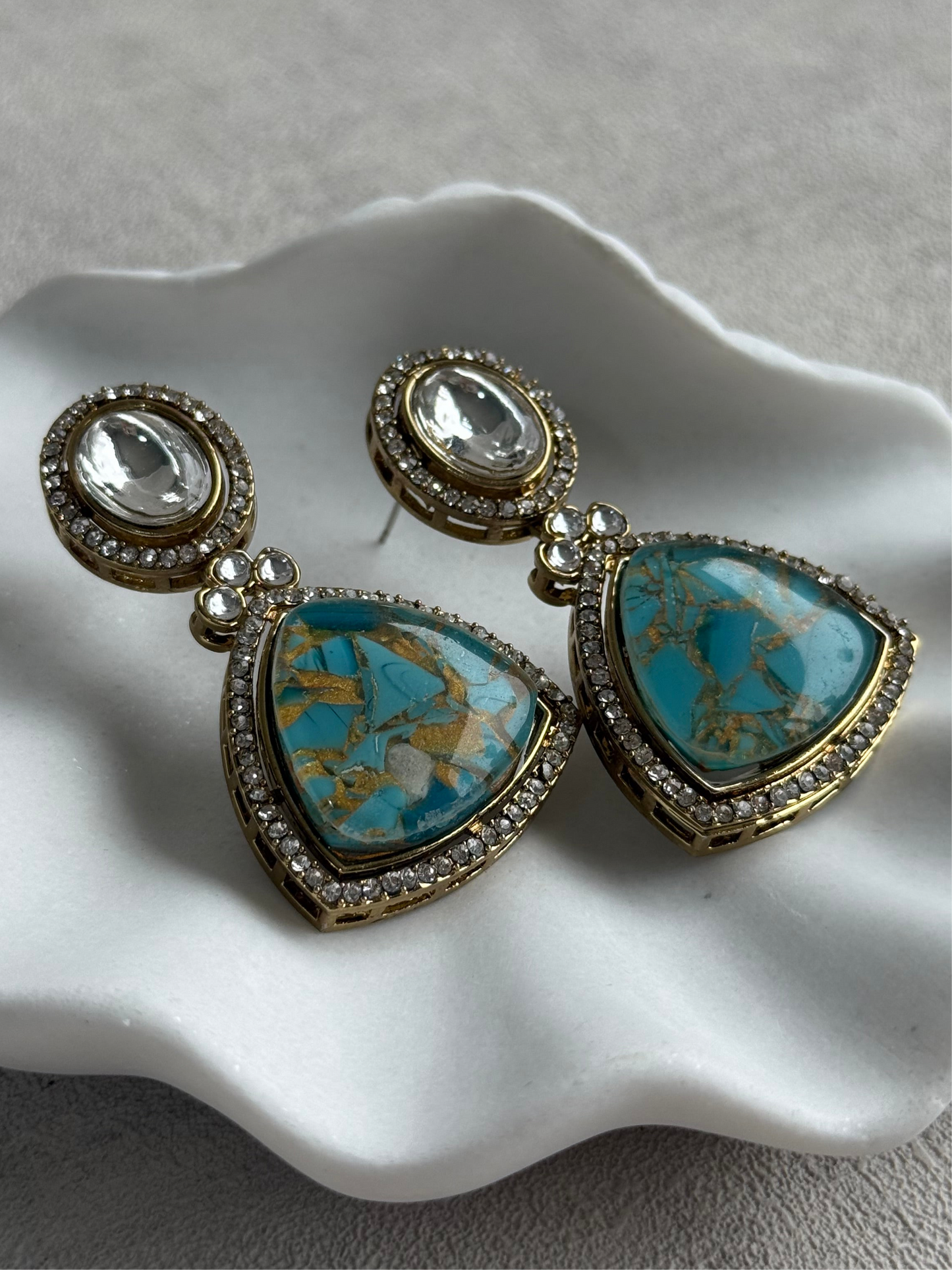 Ayura Designs Florence Earrings – Mirror Cut Studs with Turquoise Marble Resin & Crystal Borders