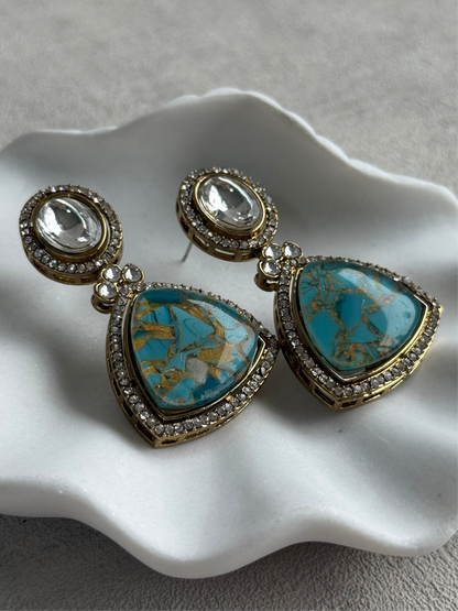 Ayura Designs Florence Earrings – Mirror Cut Studs with Turquoise Marble Resin & Crystal Borders