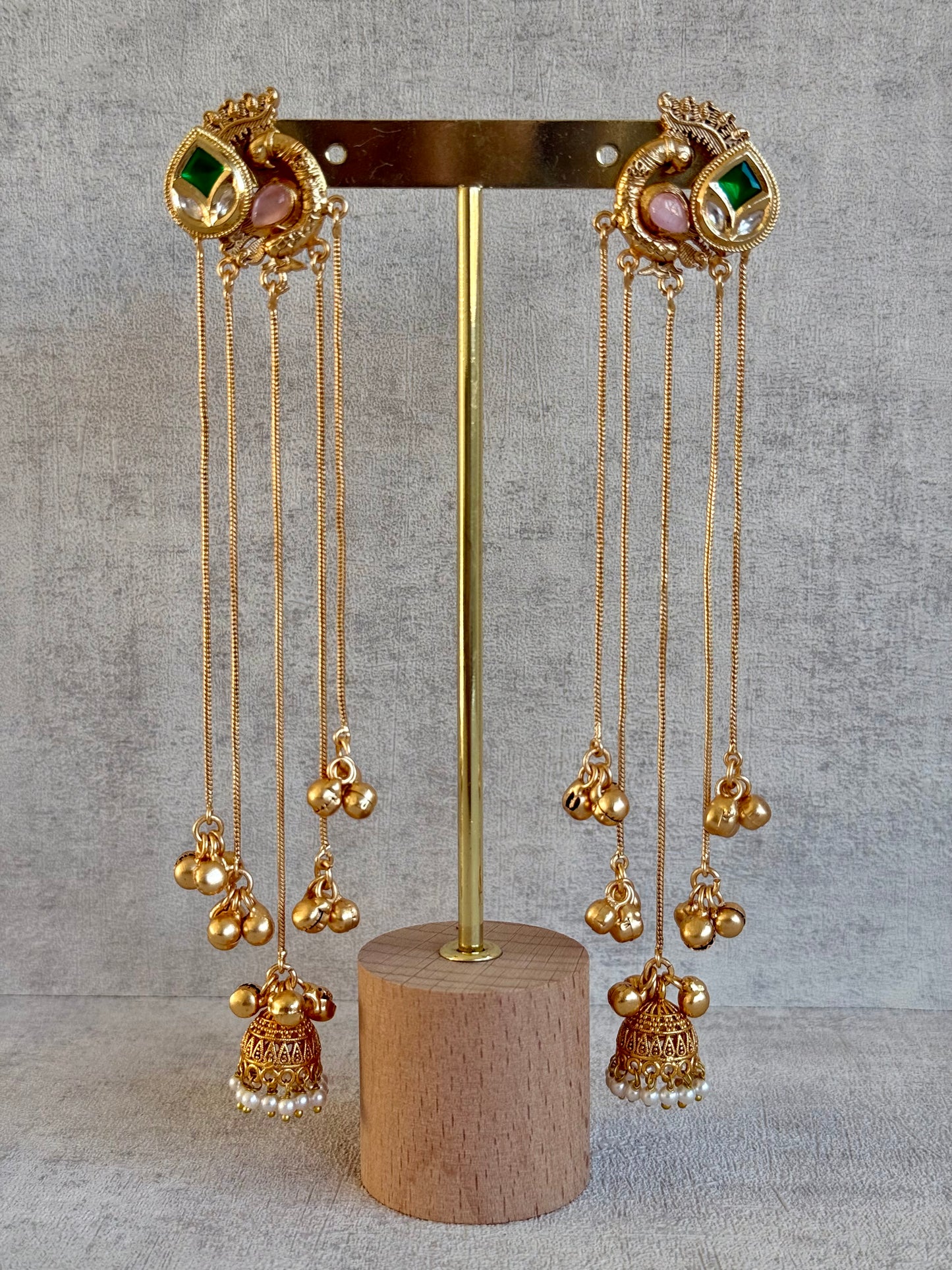 Ayura Designs Morira Earrings – Antique Gold Jhumki Earrings with Kundan Stones, Chains & Ghungroo Detailing