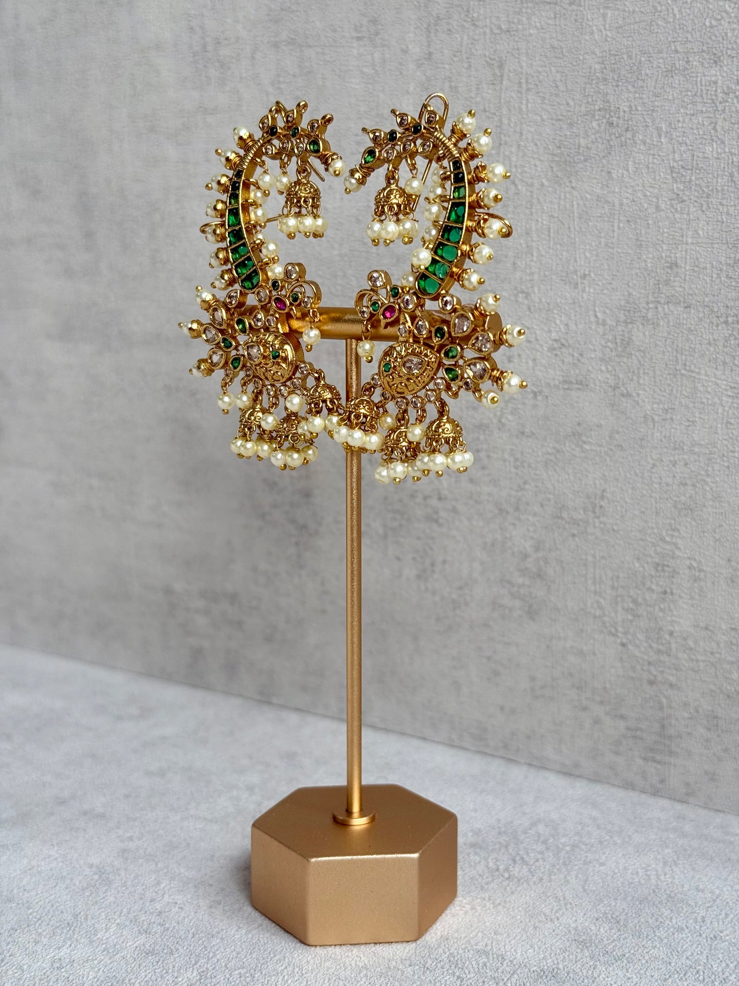 Ayura Designs Megha Half Ear Cuffs – Gold Peacock Motif with Crystal Stones, Emerald & Pink Accents and Pearl Jhumka Drops