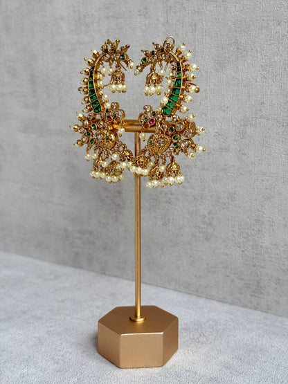 Ayura Designs Megha Half Ear Cuffs – Gold Peacock Motif with Crystal Stones, Emerald & Pink Accents and Pearl Jhumka Drops