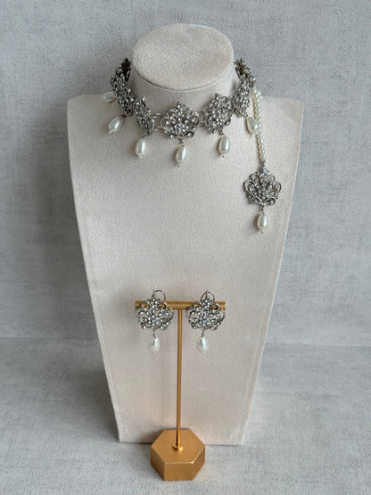 Ayura Designs Alina Choker Set with Earrings & Tikka – Silver Crystal Floral Choker with Pearl Drops