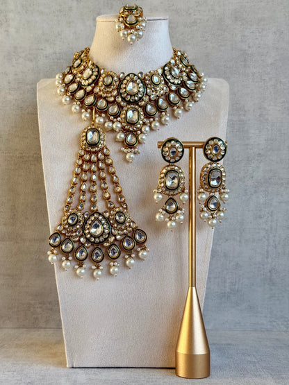 Ayura Designs Jashan Set with Necklace, Earrings, Tikka & Passa – Kundan Detailing, Ivory Pearl Drops