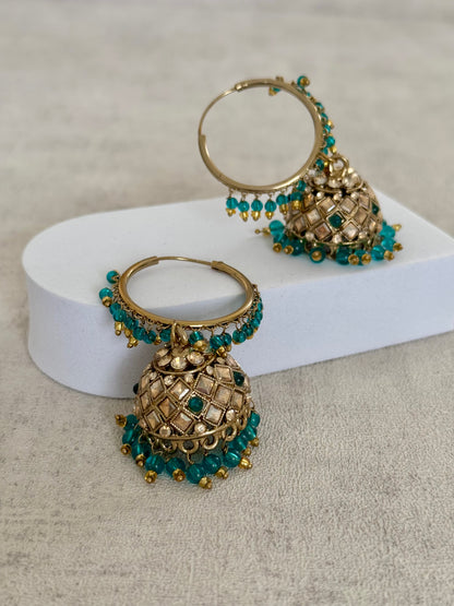 Ayura Designs Jugni Bali Jhumkas – Antique Gold with Teal Green Beads