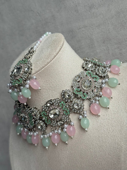 Ayura Designs Uzairah Set with Tikka & Sahare Jhumkis – Pastel Mint & Blush Beads with Pearl Strands & Mirror-Cut Detailing