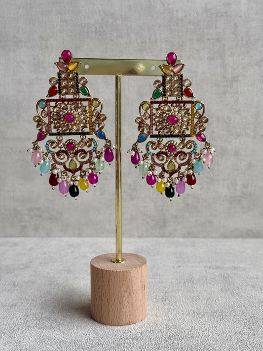 Ayura Designs Arwa Earrings – Antique Gold Finish with Multicolour Stones & Pearl Detailing