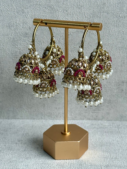 Ayura Designs Nakhra Balis – Fuchsia Triple Dome Earrings with Pearl Clusters & Mirror-Cut Detailing