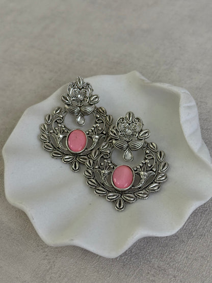 Ayura Designs Eila Earrings with Rose Pink Stone in Antique Silver Finish
