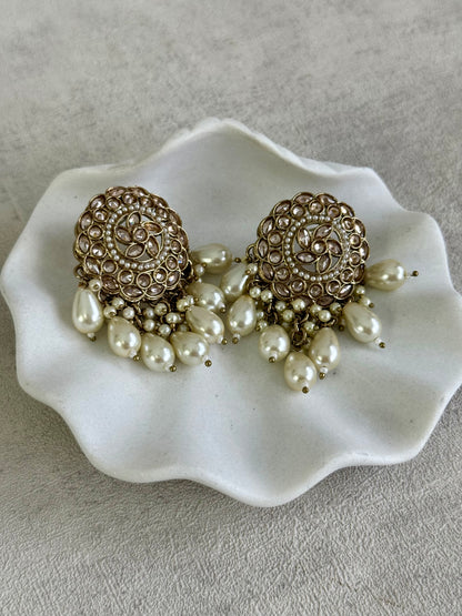 Ayura Designs Aynoor Petal Frame Earrings – Antique Gold Finish with Mirror-Cut Stones & Pearl Drops