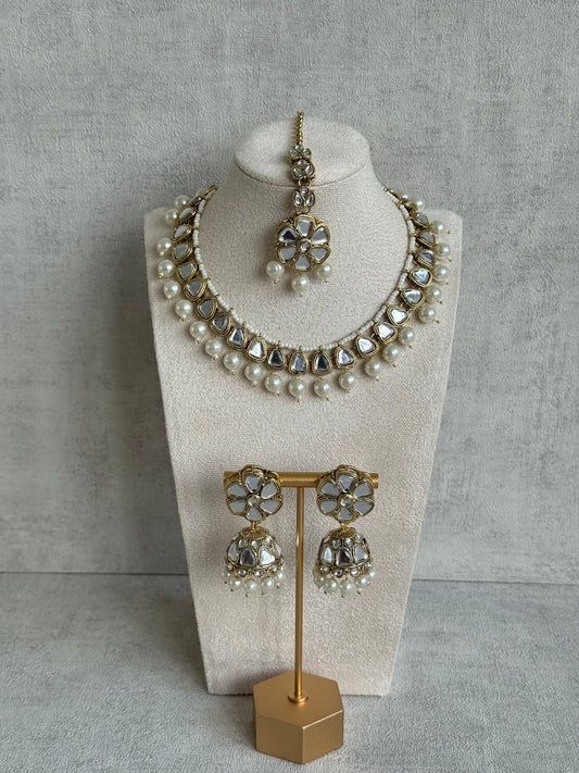 Ayura Designs Mishal Set with Jhumkis & Tikka – Ivory Pearls & Mirror-Cut Stones