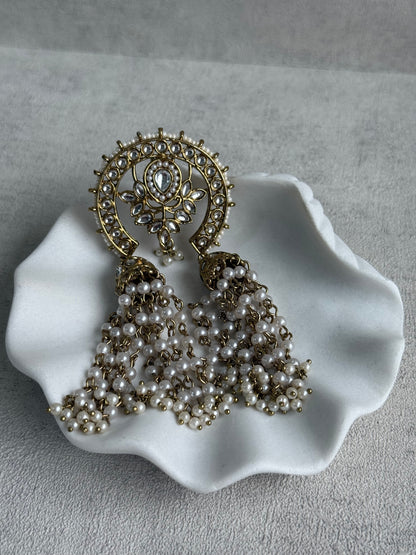 Ayura Designs Kamya Hair Brooch – Crescent Polki Design with Pearl Tassels & Antique Gold Finish