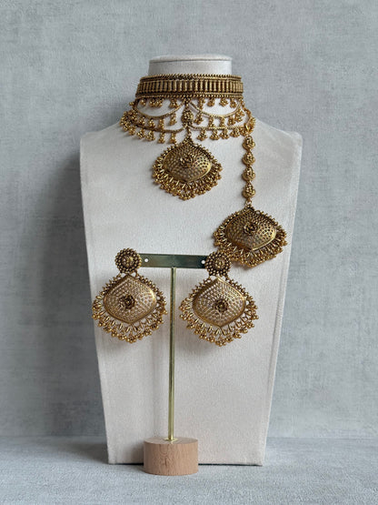 Ayura Designs Sahira Choker Set with Earrings & Tikka – Gold Engraved Choker with Floral Pendant & Ghungroo Detailing