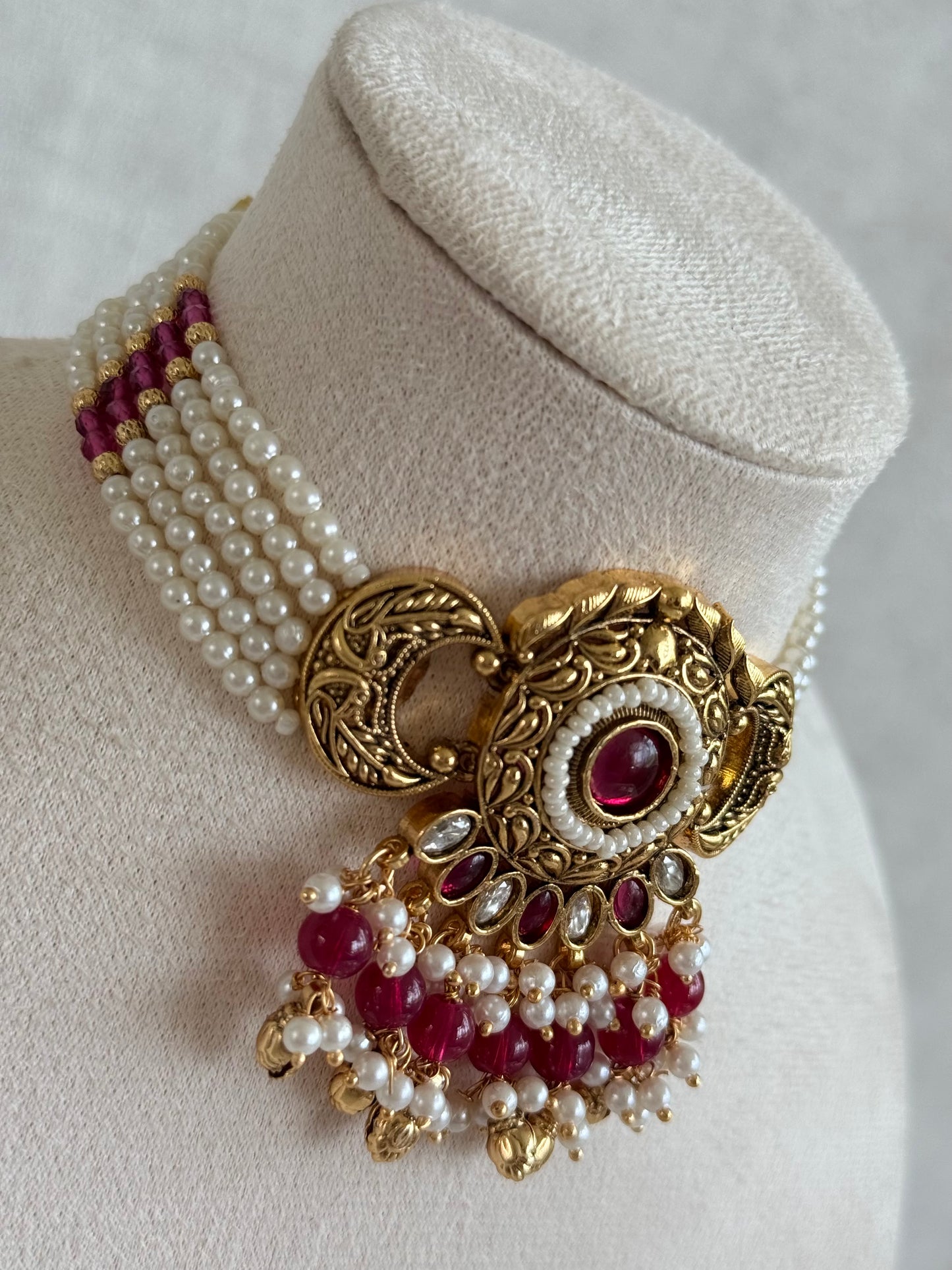 Ayura Designs Mehr Choker Set with Earrings & Tikka – Ruby Pink Stones, Ruby Pink Beads, Pearl Strands & Antique Gold Finish