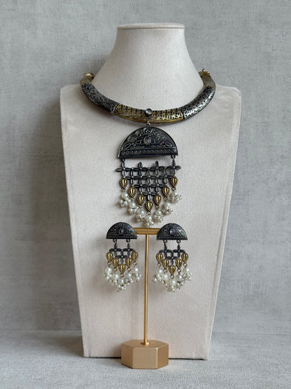 Ayura Designs Dhoop Necklace Set with Earrings – Dual Tone Oxidised Necklace with Lattice Pendant & Pearl Detailing
