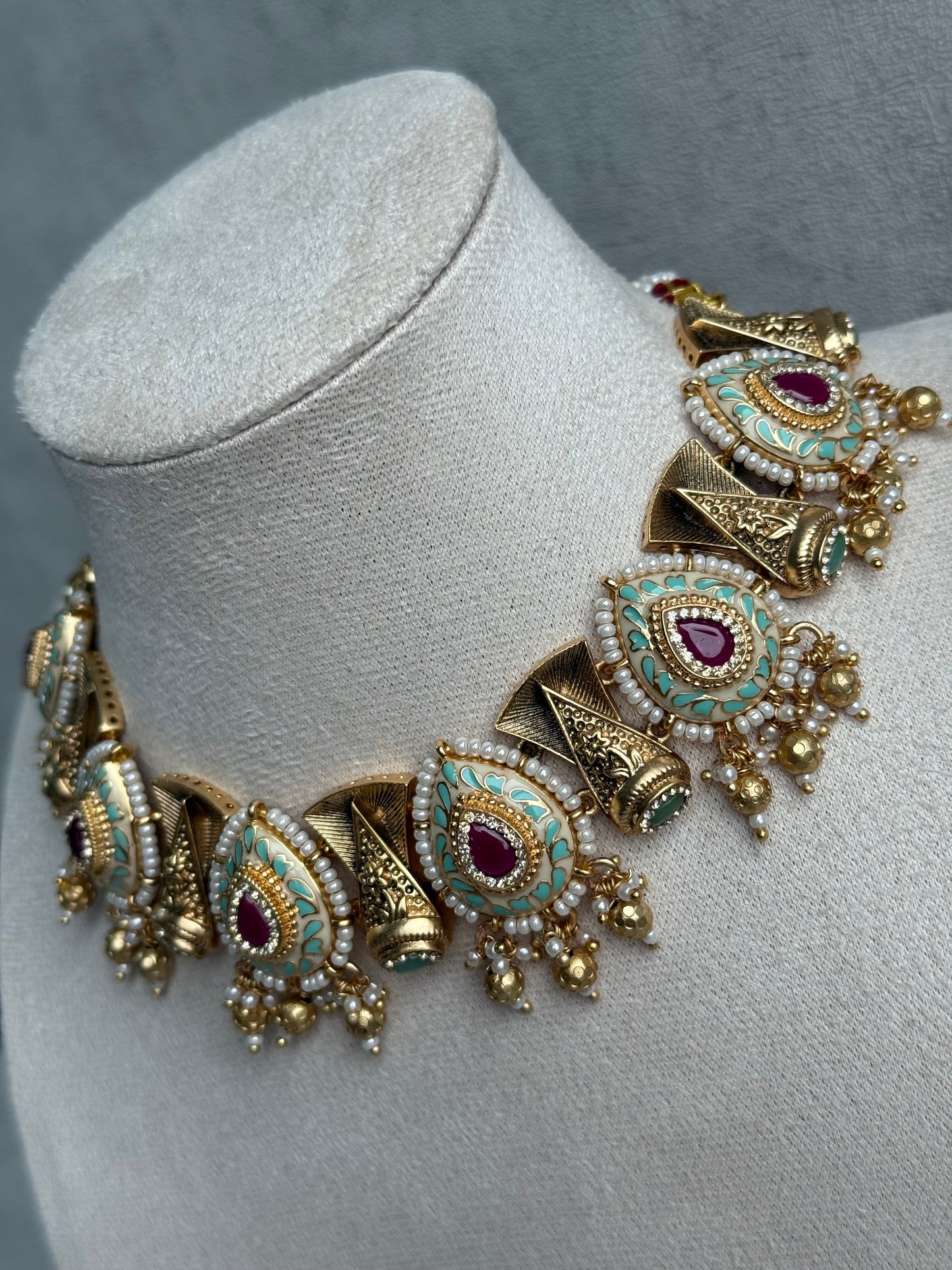 Ayura Designs Aaira Set with Necklace & Studs – Mint Green Meenakari with Rani Pink Centre & Pearl Detailing