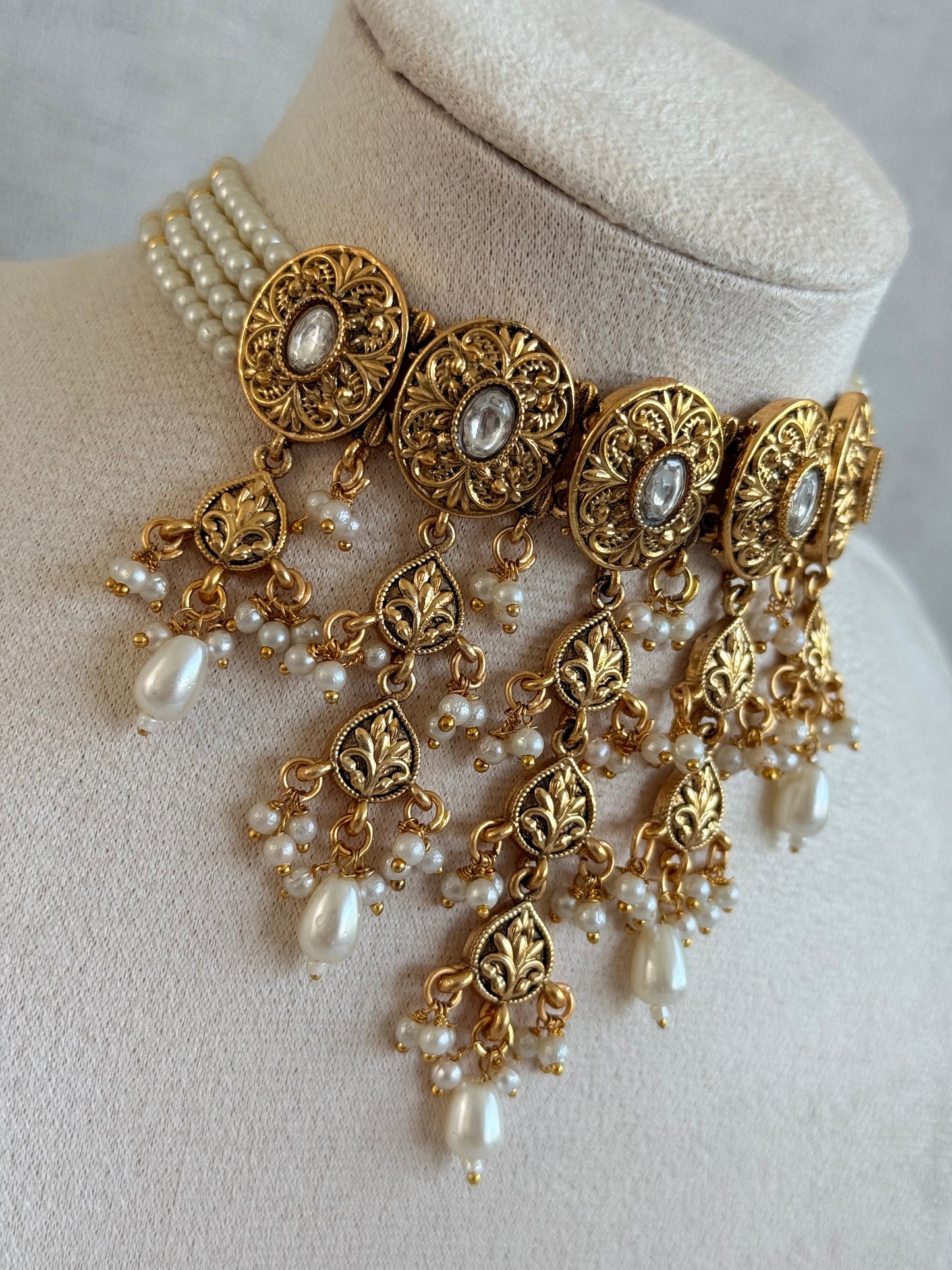 Ayura Designs Mohak Choker Set with Earrings & Tikka – Gold Waterfall Design with Kundan & Pearl Drops