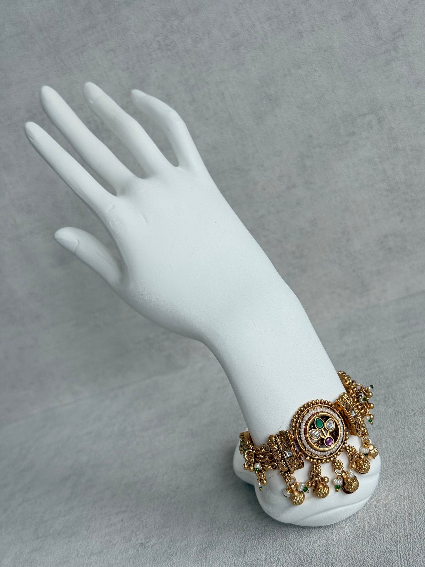 Ayura Designs Pravya Bracelet – Gold Bracelet with Mint, Pink & Green Stones & Ghungroo Detailing