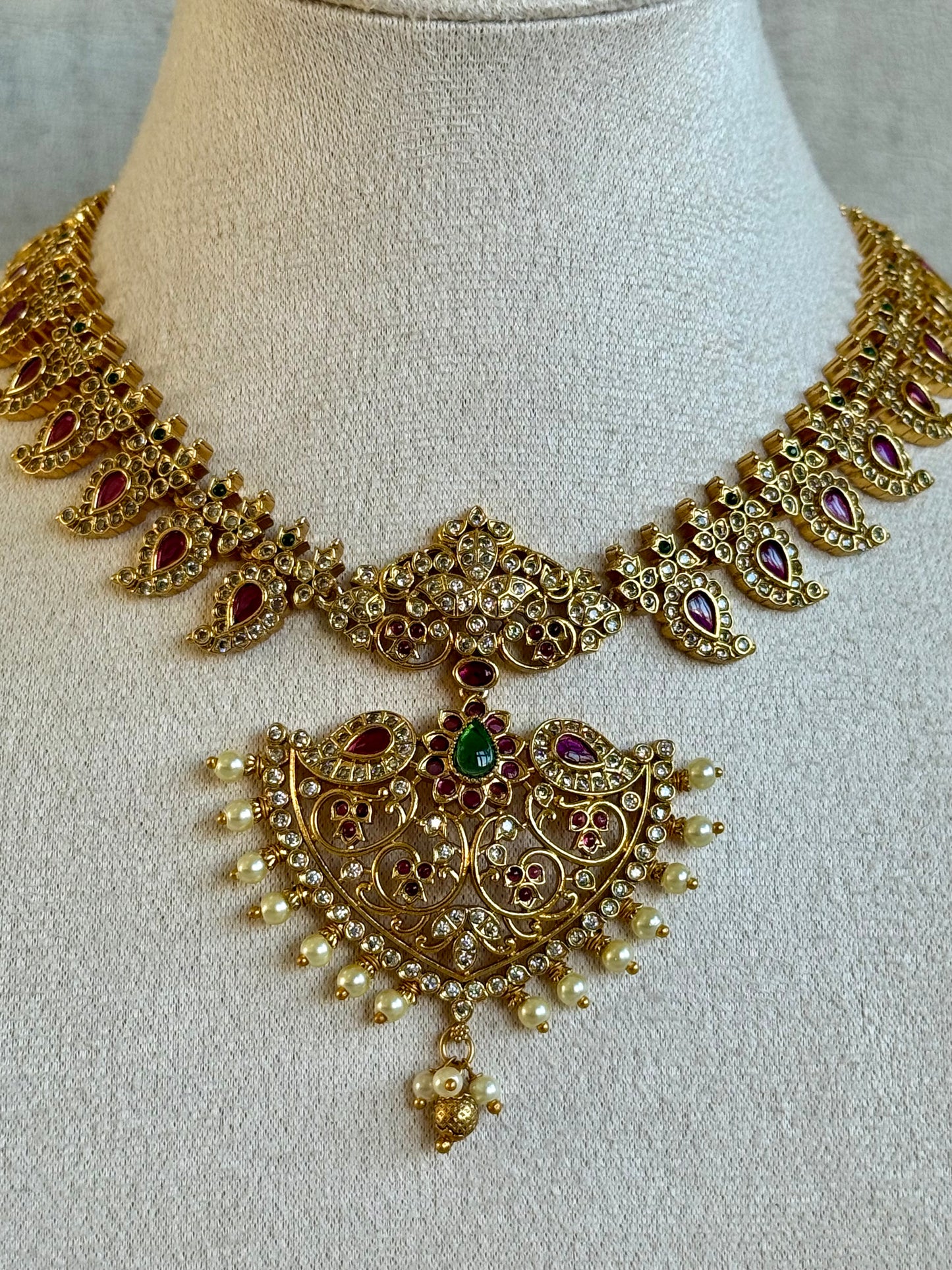 Ayura Designs Joya Set with Necklace, Earrings & Tikka – Kundan Detailing, Pink & Green Stones with Pearl Drops