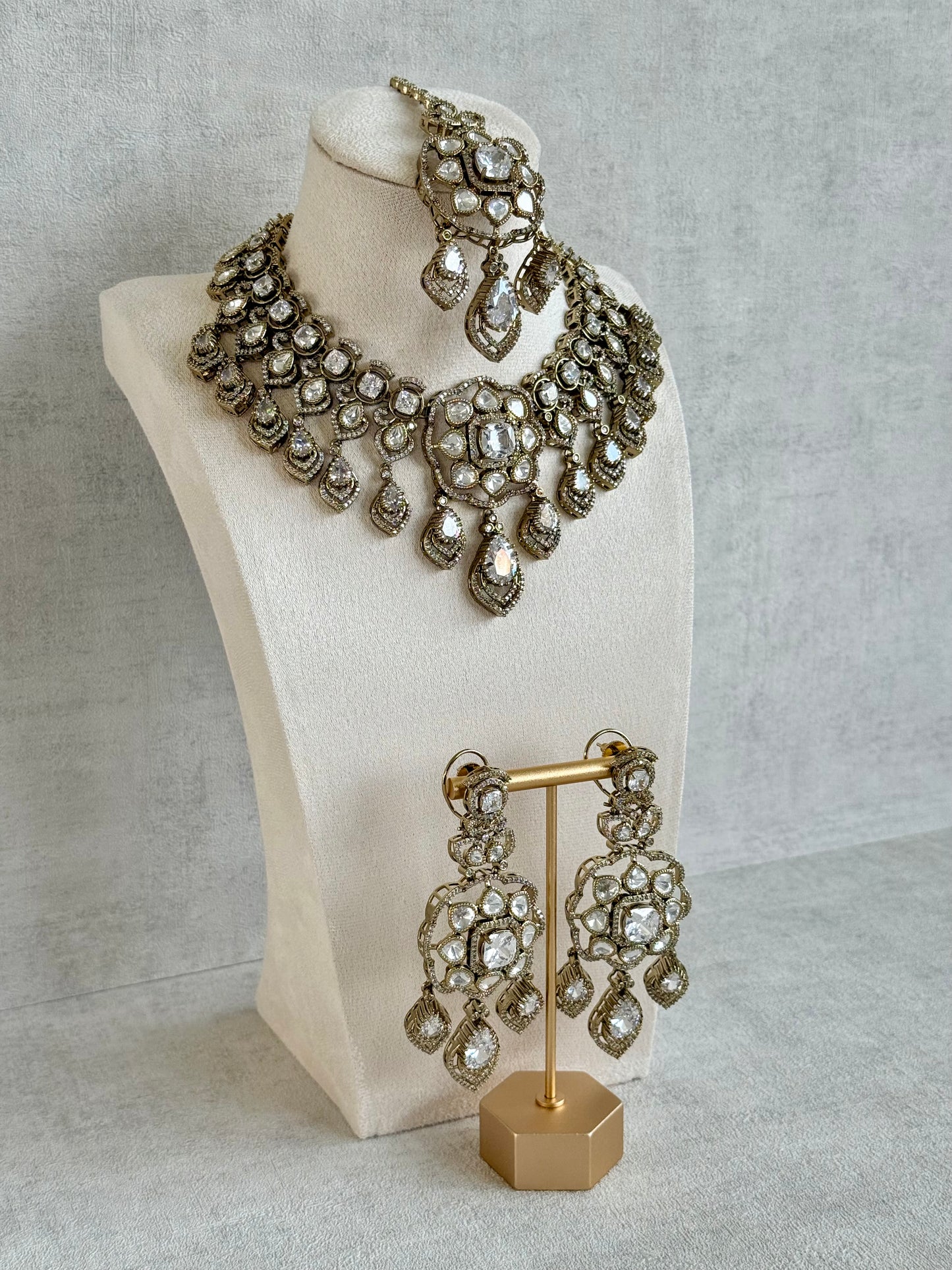 Ayura Designs Kiyah Bridal Set with Necklace, Earrings & Tikka – Moissanite Stones with Antique Gold Finish
