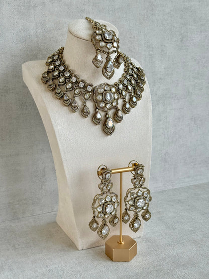 Ayura Designs Kiyah Bridal Set with Necklace, Earrings & Tikka – Moissanite Stones with Antique Gold Finish
