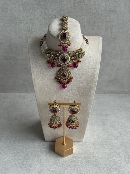Ayura Designs Muskaan Set – Choker, Jhumkis & Tikka with Magenta Beads, Kundan Stones & Antique Gold Finish