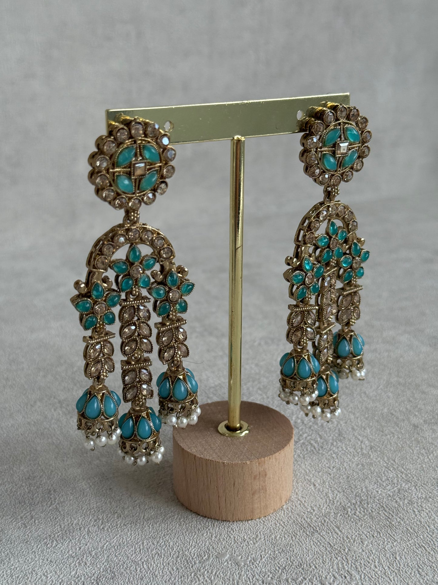 Ayura Designs Soraya Earrings – Turquoise Stones, Champagne Crystals, Pearl Detailing & Gold Finish