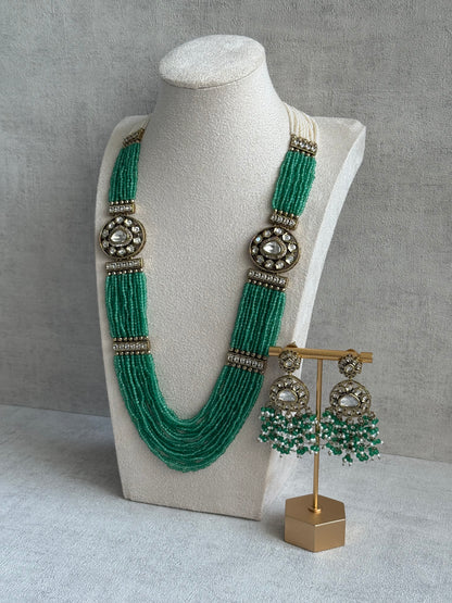 Ayura Designs Sienna Set – Long Layered Necklace & Earrings with Sea Green Beads, Mirror-Cut Kundan & Pearl Detailing