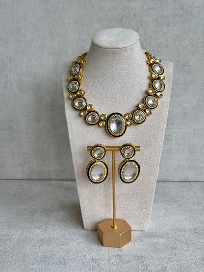 Ayura Designs Sahiba Set – Gold and Emerald Green Kundan Necklace with Oversized Oval Stones and Matching Drop Earrings