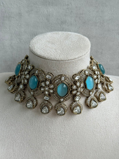 Ayura Designs Emanya Choker Set – Choker, Earrings & Tikka with Mirror-Cut Stones, Turquoise Blue & Antique Gold Detailing