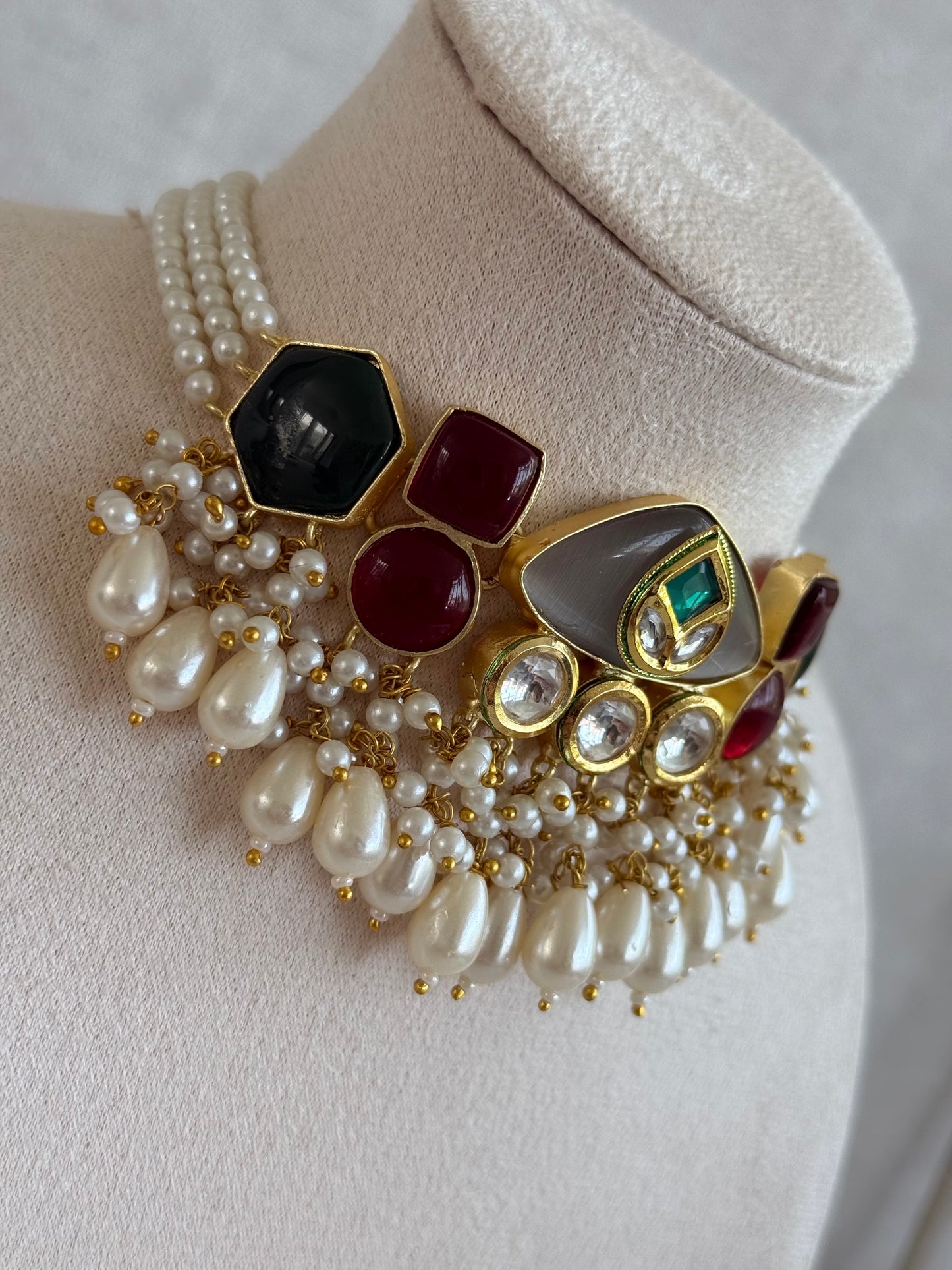 Ayura Designs Vahida Choker Set with Earrings – Multicolour Stone Choker with Pearl Drops & Kundan Detailing
