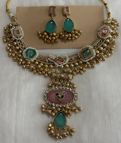 Ayura Designs Ahista Necklace Set with Earrings – Statement Pendant Necklace with Pink & Aqua Green Cat Eye Stones, Pearl Detailing & Ghungroo Accents