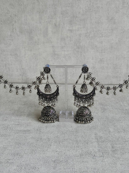 Ayura Designs Nazaakat Jhumkas - Oxidised Silver Earrings with Detachable Sahare | Antique Finish