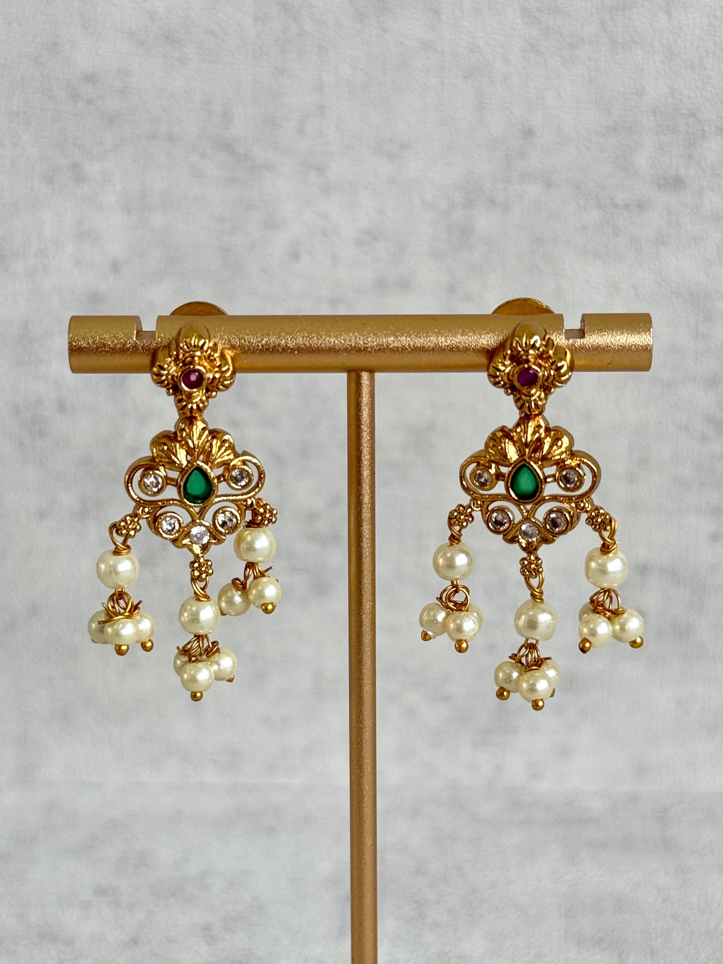 Ayura Designs Ilaa Set – Necklace & Earrings with Pink & Green Stone Accents, Pearl Drops & Antique Gold Finish