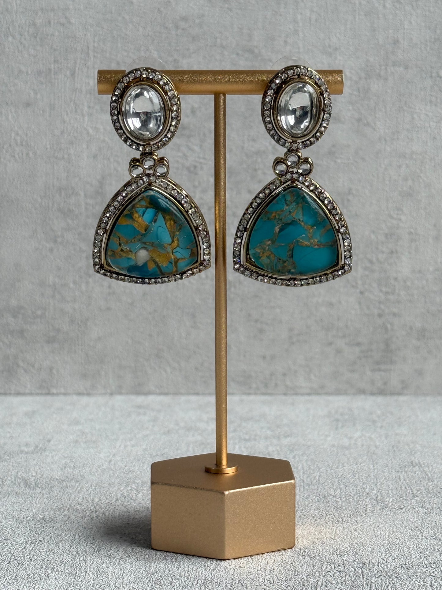 Ayura Designs Florence Earrings – Mirror Cut Studs with Turquoise Marble Resin & Crystal Borders
