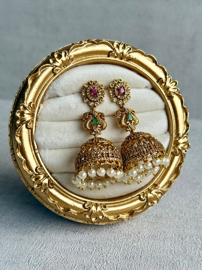 Ayura Designs Darya Jhumkis – Gold Peacock Motif Jhumkis with Ruby Pink, Emerald Green and Pearl Detailing