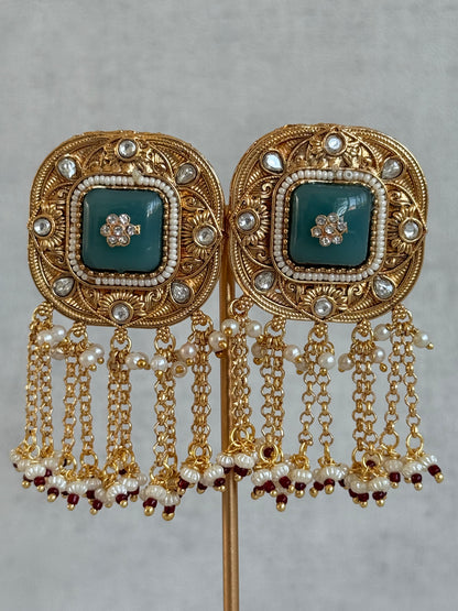 Ayura Designs Gunjal Earrings – Sage Green Chain Drop Studs with Kundan & Bead Detailing