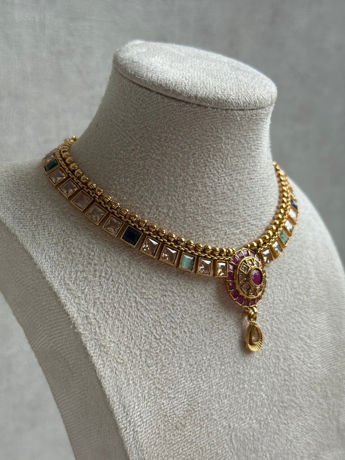 Ayura Designs Nithya Set – Gold Necklace & Earrings with Multicolour Stones and Ruby Centre