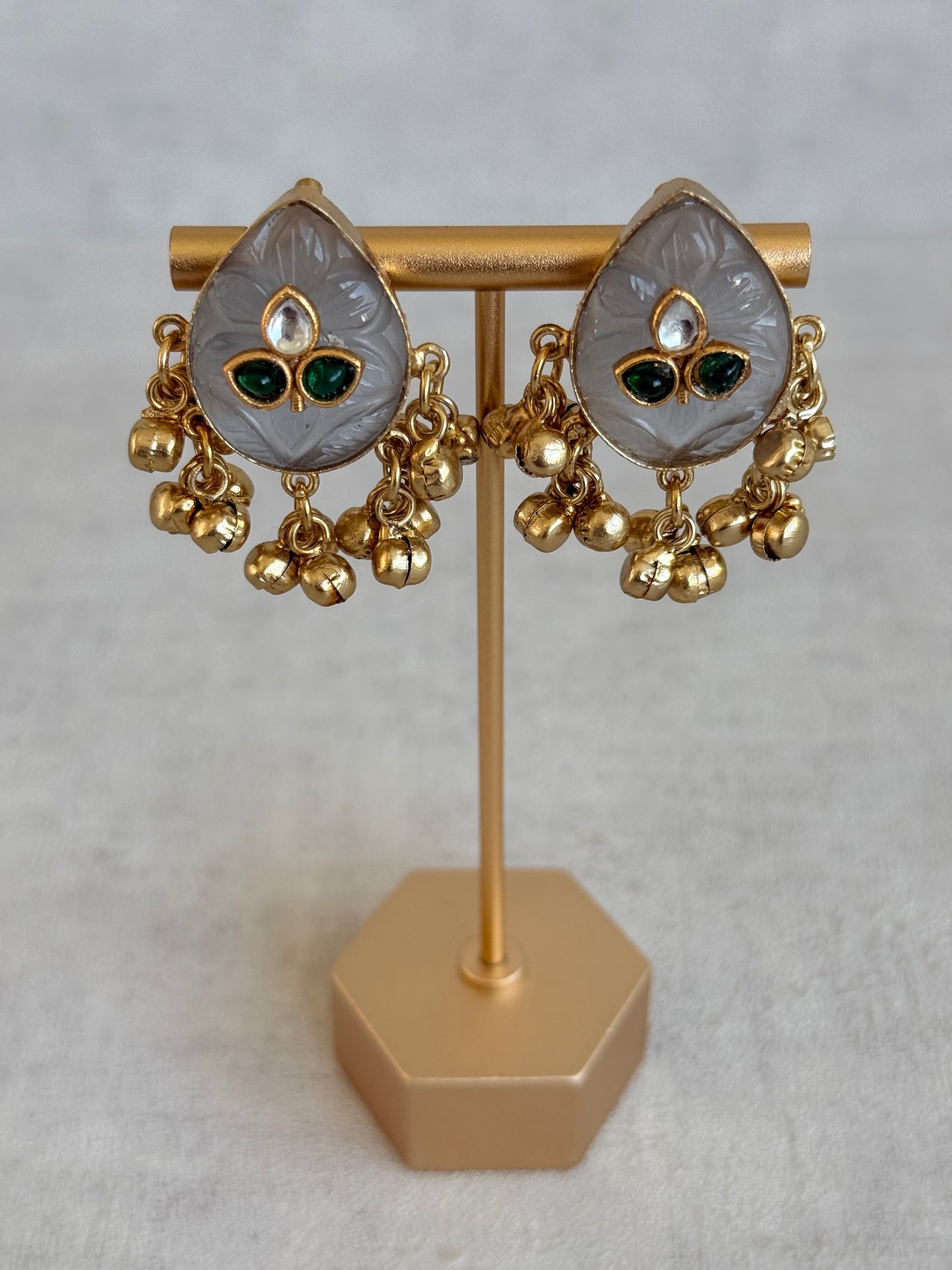 Ayura Designs Aykai Earrings – Grey Carved Teardrop Stud Earrings with Clear Kundan Stones and Gold Ghungroo Drops