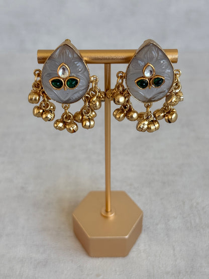 Ayura Designs Aykai Earrings – Grey Carved Teardrop Stud Earrings with Clear Kundan Stones and Gold Ghungroo Drops
