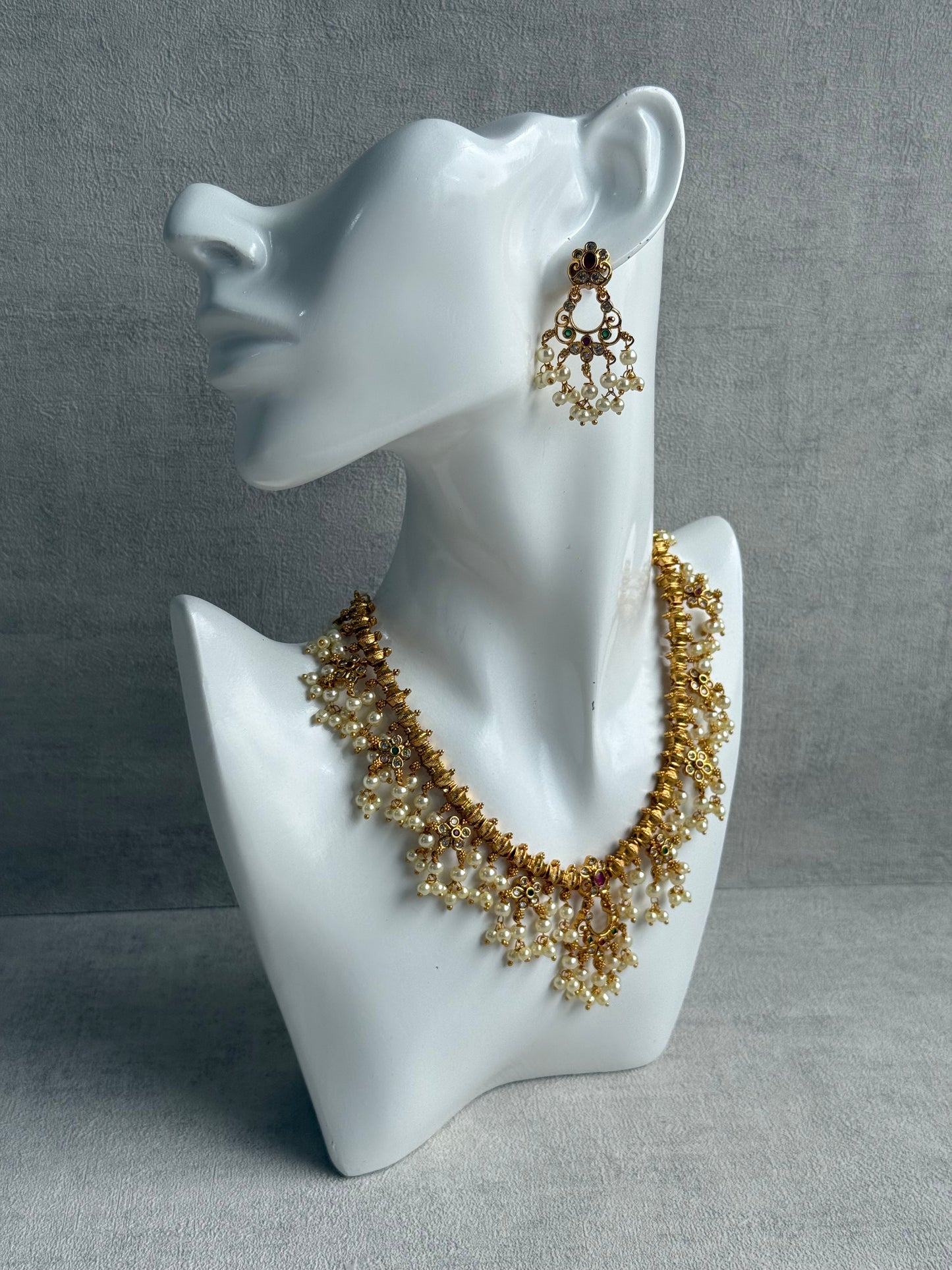 Ayura Designs Chaaya Set – Necklace & Earrings with Kundan Stones, Pink & Emerald Accents, and Pearl Detailing