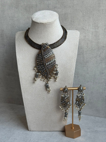 Ayura Designs Sheeba Set with Earrings – Silver & Gold Leaf Pendant, Mirror-Cut Stones & Pearl Detailing