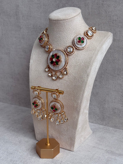 Ayura Designs Wisah Set – Necklace & Earrings with Mirror-Cut Stones, Fuchsia, Emerald & Mother-of-Pearl Detailing